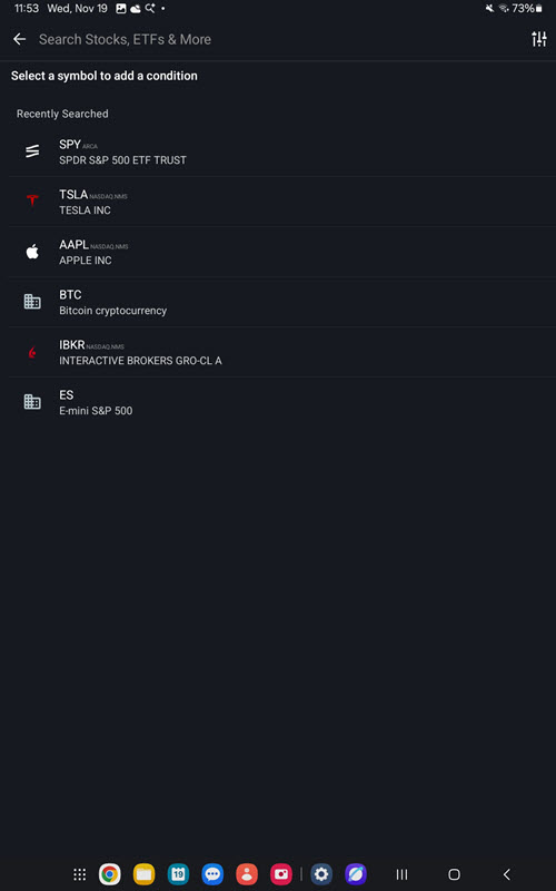The search alert symbol on the android tablet